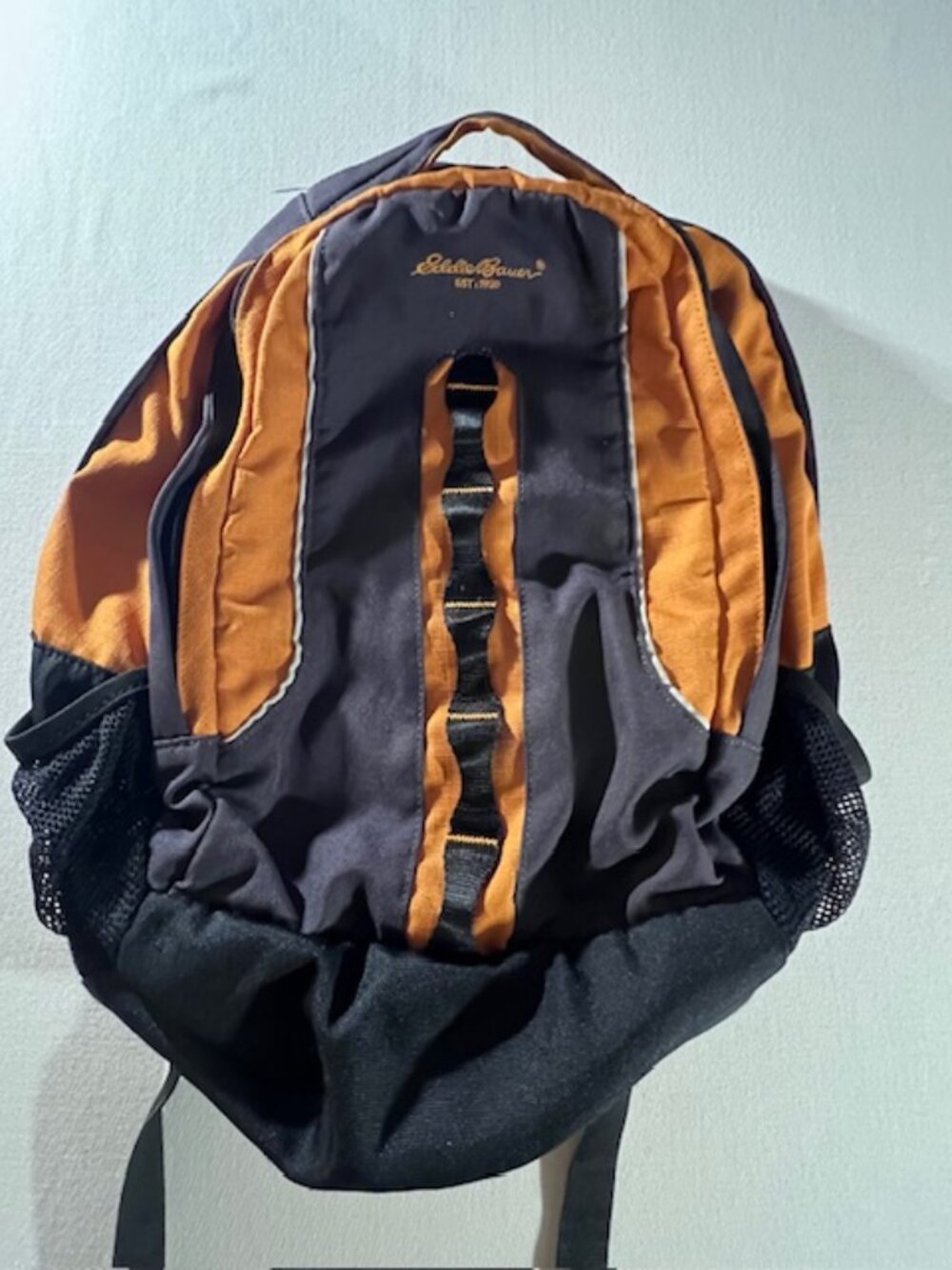 EDDIE BAUER Vintage Backpack Orange & Gray Colorblock hiking books commute EUC